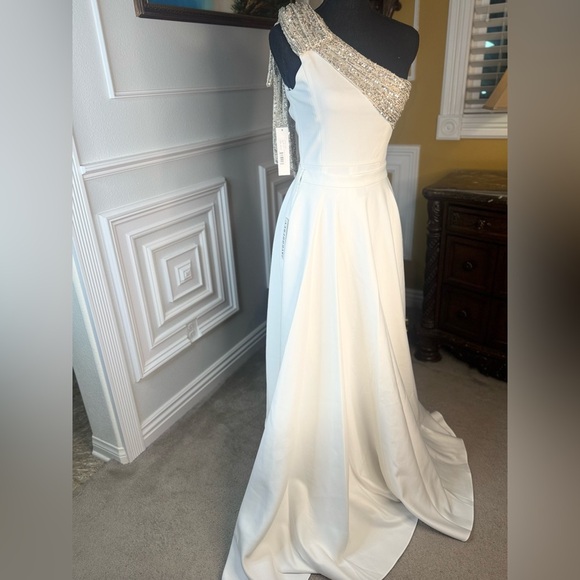 Gavin Jumpsuit With Satin Overskirt in Light Ivory, Silver & Diamond White - Picture 9 of 15